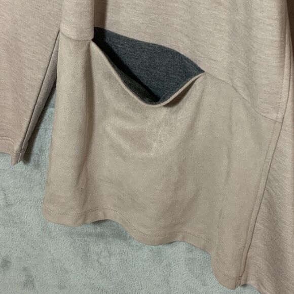 LOGO by Lori Goldstein Open Front Cardigan Large Beige Camel Suede Feel Hem - Picture 7 of 9